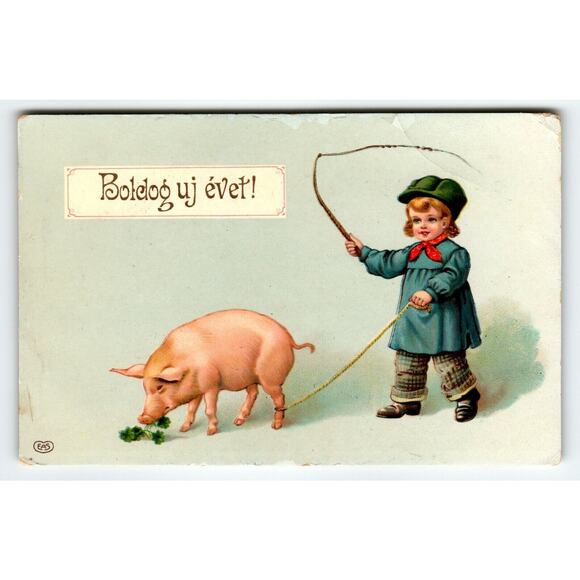 New Year Postcard Child With Whip Pig Eating Four Leaf Clovers Gel EAS Germany - Picture 1 of 2